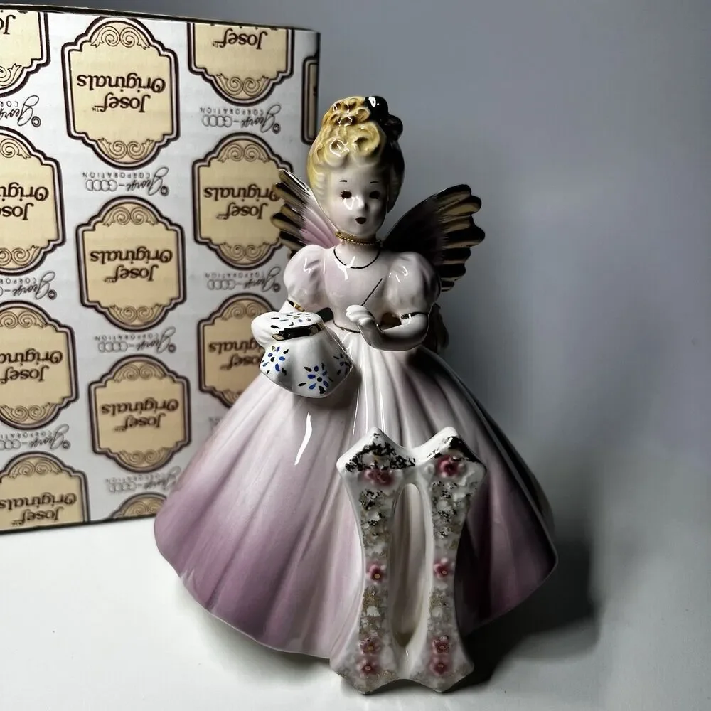 Vtg Josef Originals 11 Year Old Birthday Angel Figurine Sewing Muff Box Pink